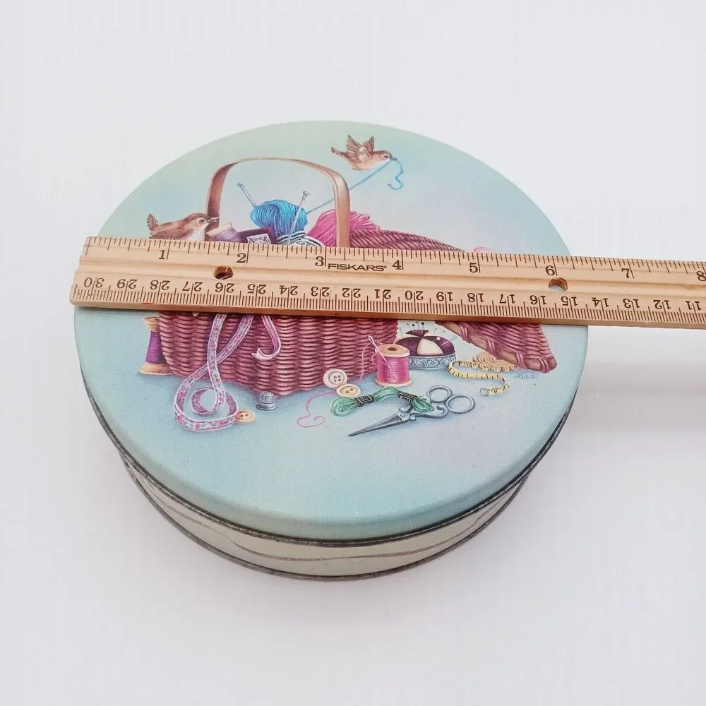 Vintage Sewing Tin Storage Round Sewing Basket Birds Kitschy 6in